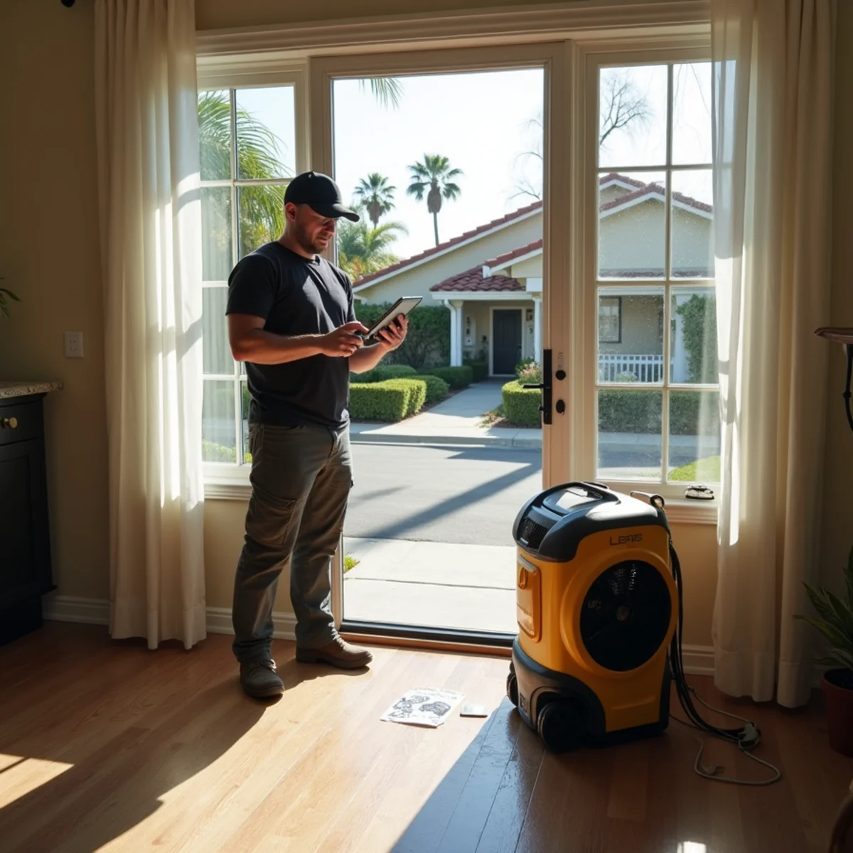 Restoration crew drying water damage inside a Hollister Village home, Hollister Village, Goleta