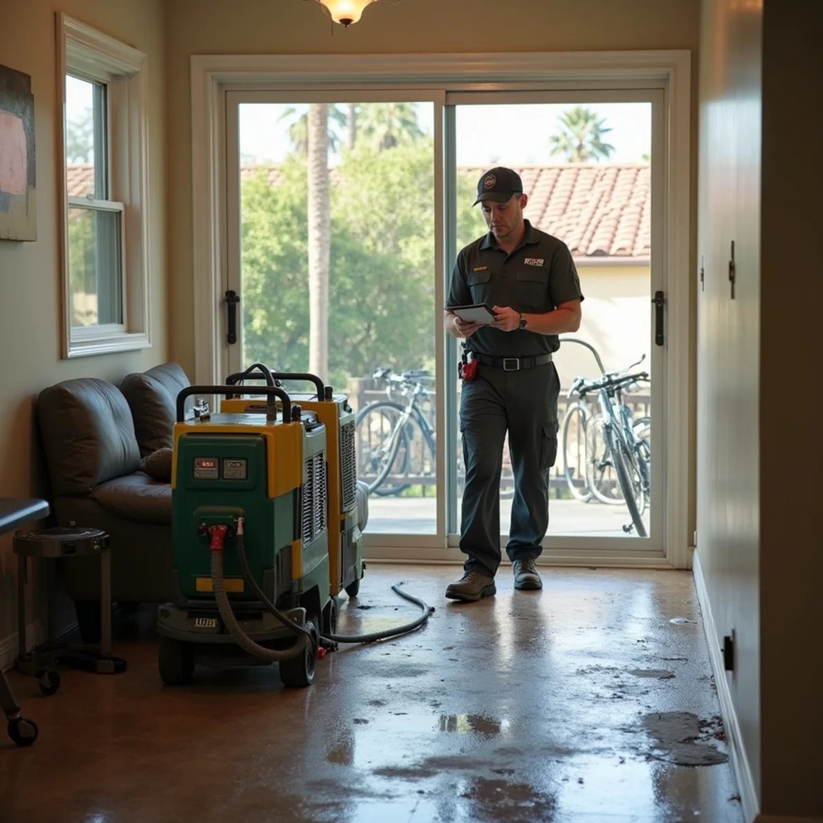 Restoration crew drying water damage inside a Isla Vista (Goleta) home, Isla Vista, Goleta
