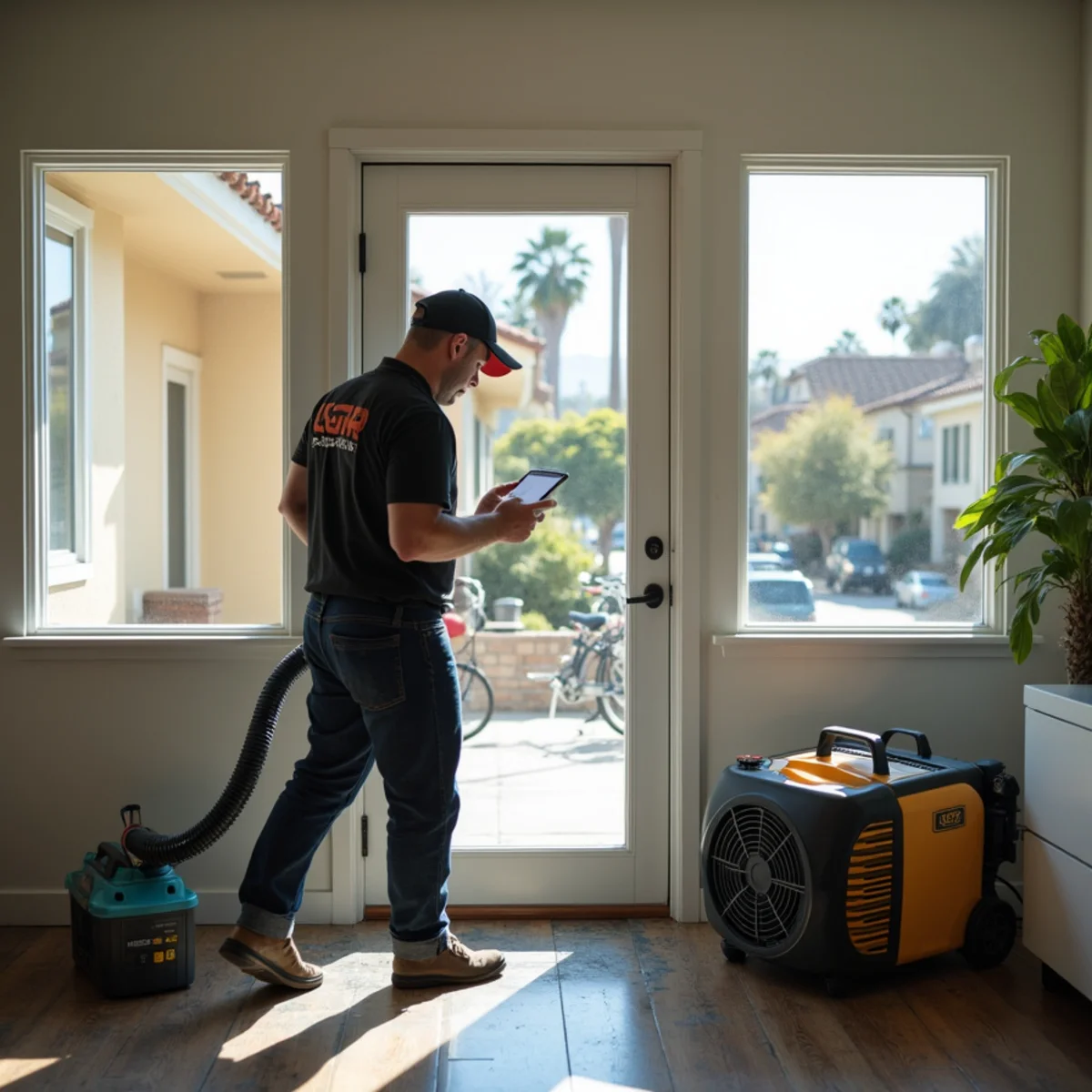 Restoration crew drying water damage inside a Goleta home, Goleta, CA