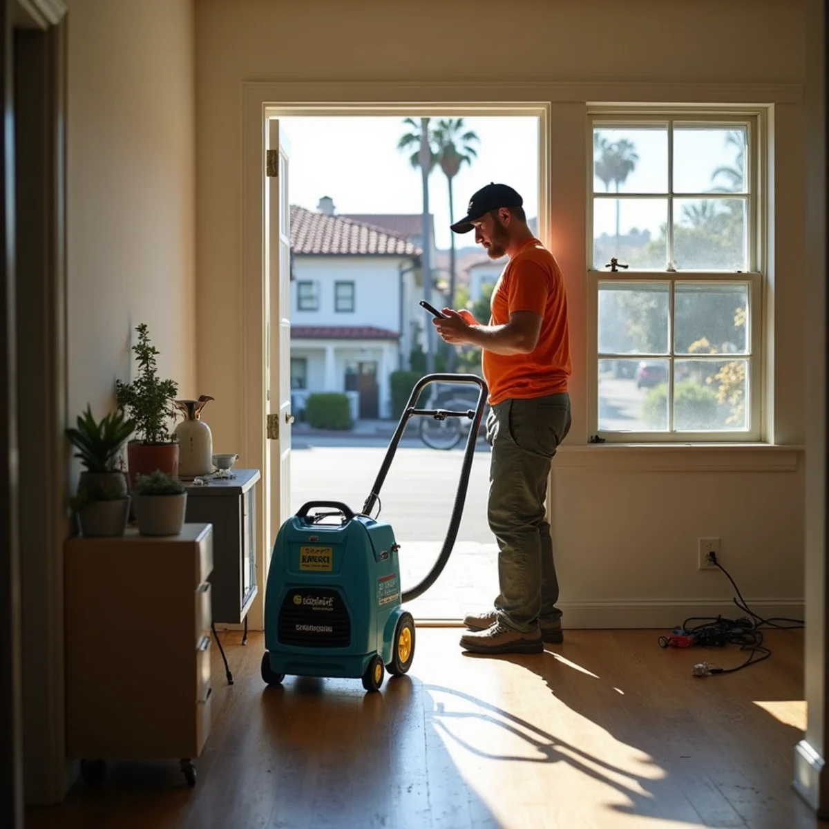 Restoration crew drying water damage inside a Isla Vista home, Isla Vista, CA