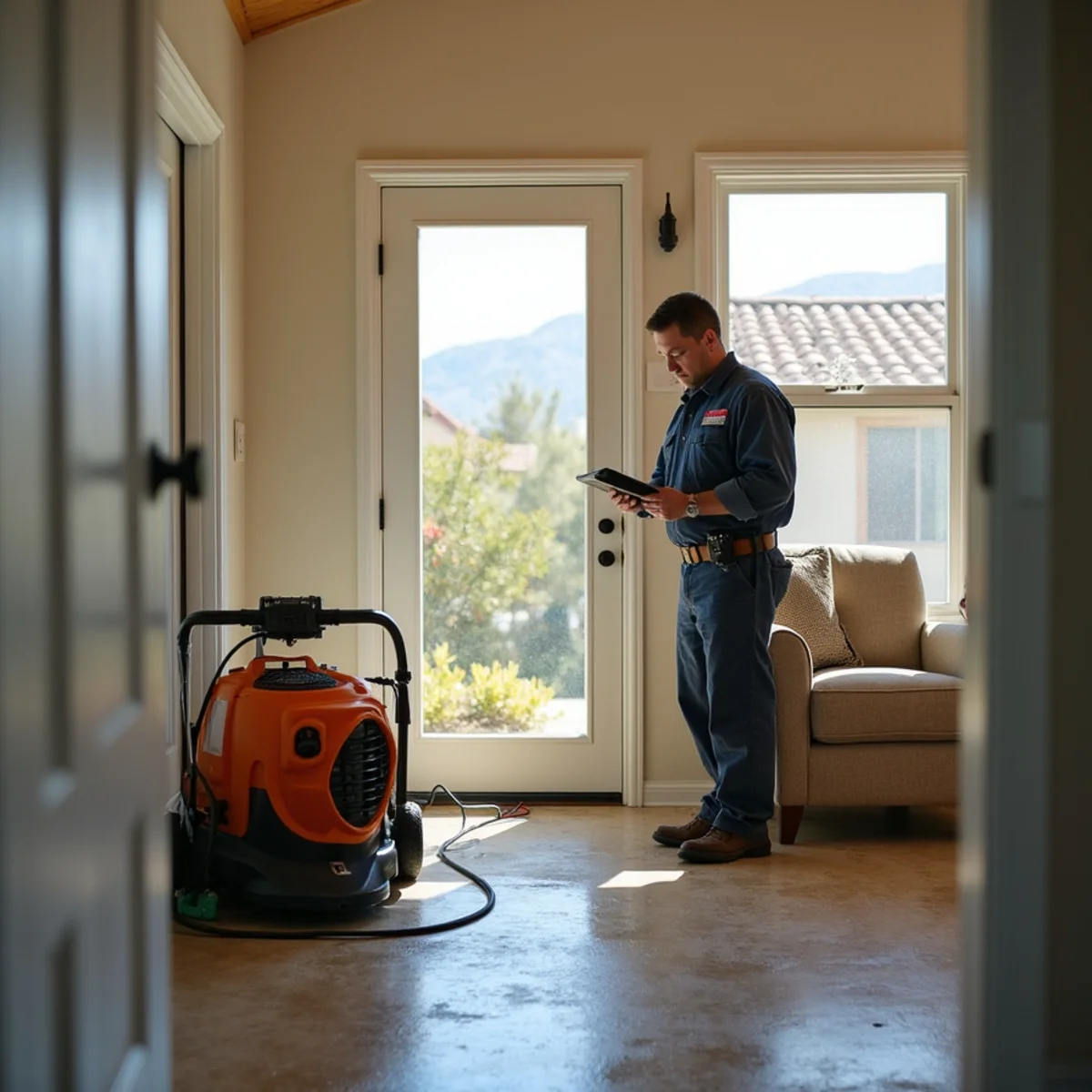 Restoration crew drying water damage inside a Lompoc home, Lompoc, CA
