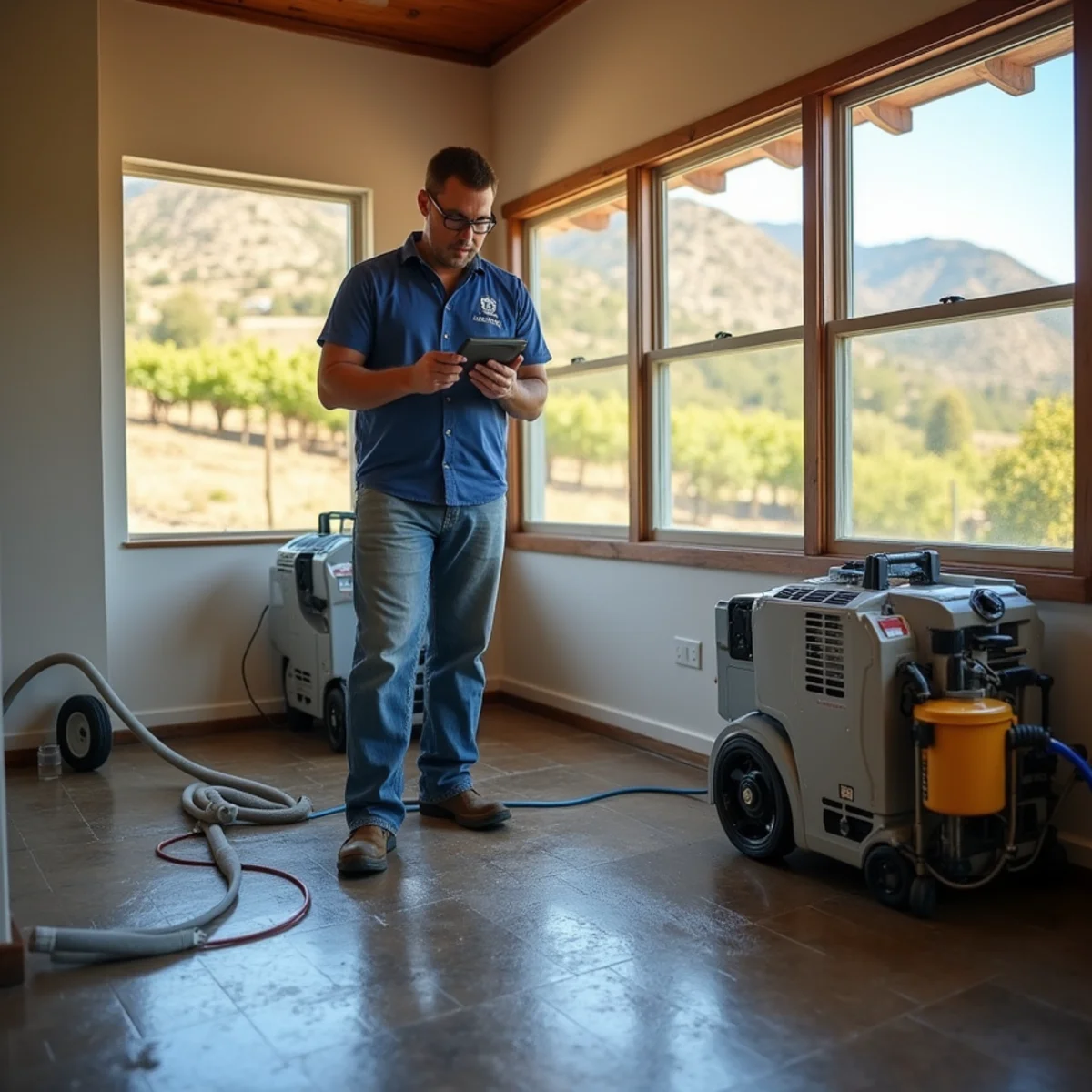 Restoration crew drying water damage inside a Los Alamos home, Los Alamos, CA