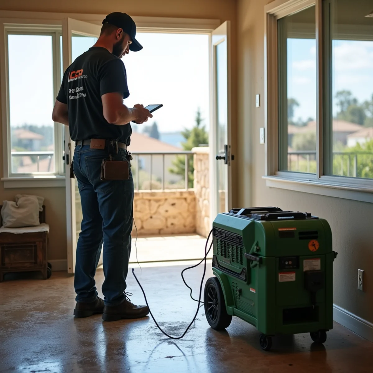Restoration crew drying water damage inside a Los Osos home, Los Osos, CA