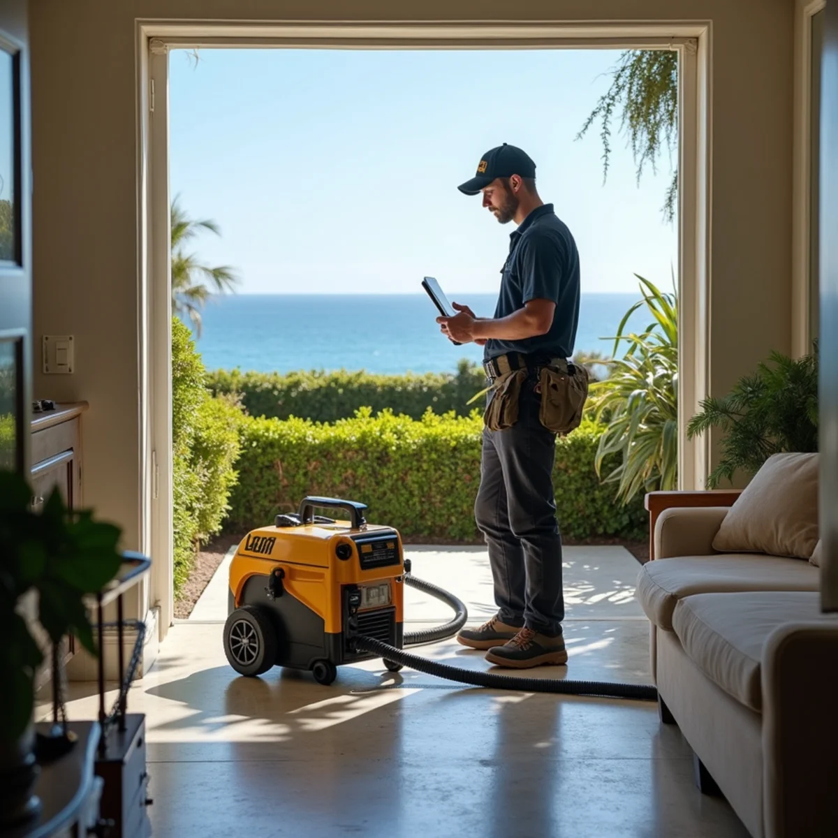 Restoration crew drying water damage inside a Butterfly Beach home, Butterfly Beach, Montecito
