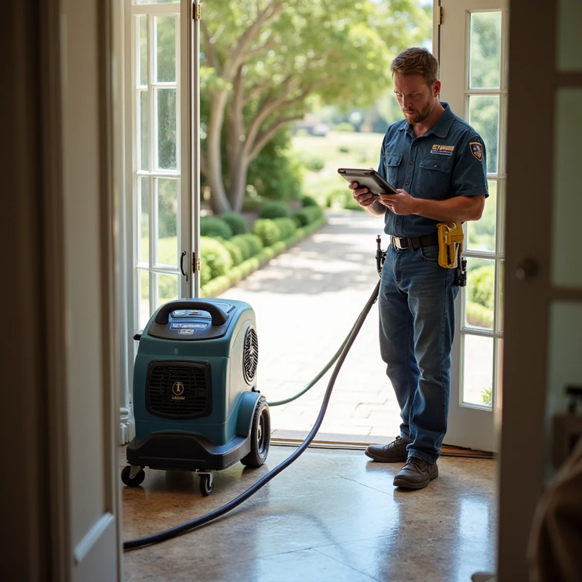 Restoration crew drying water damage inside a Montecito home, Montecito, CA