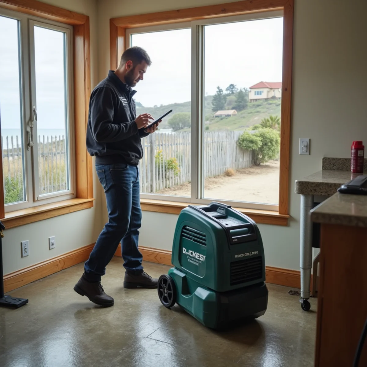 Restoration crew drying water damage inside a Morro Bay home, Morro Bay, CA