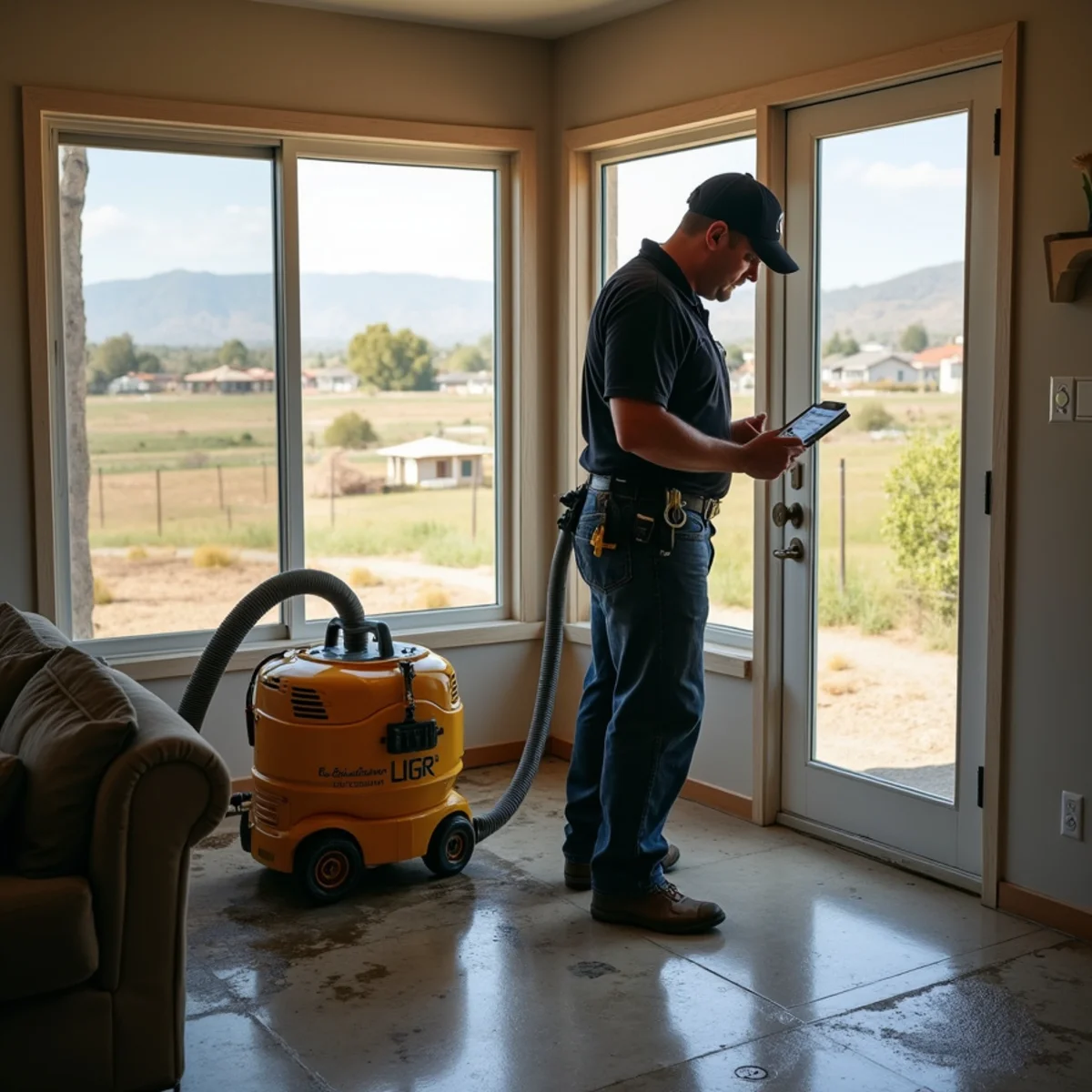 Restoration crew drying water damage inside a New Cuyama home, New Cuyama, CA