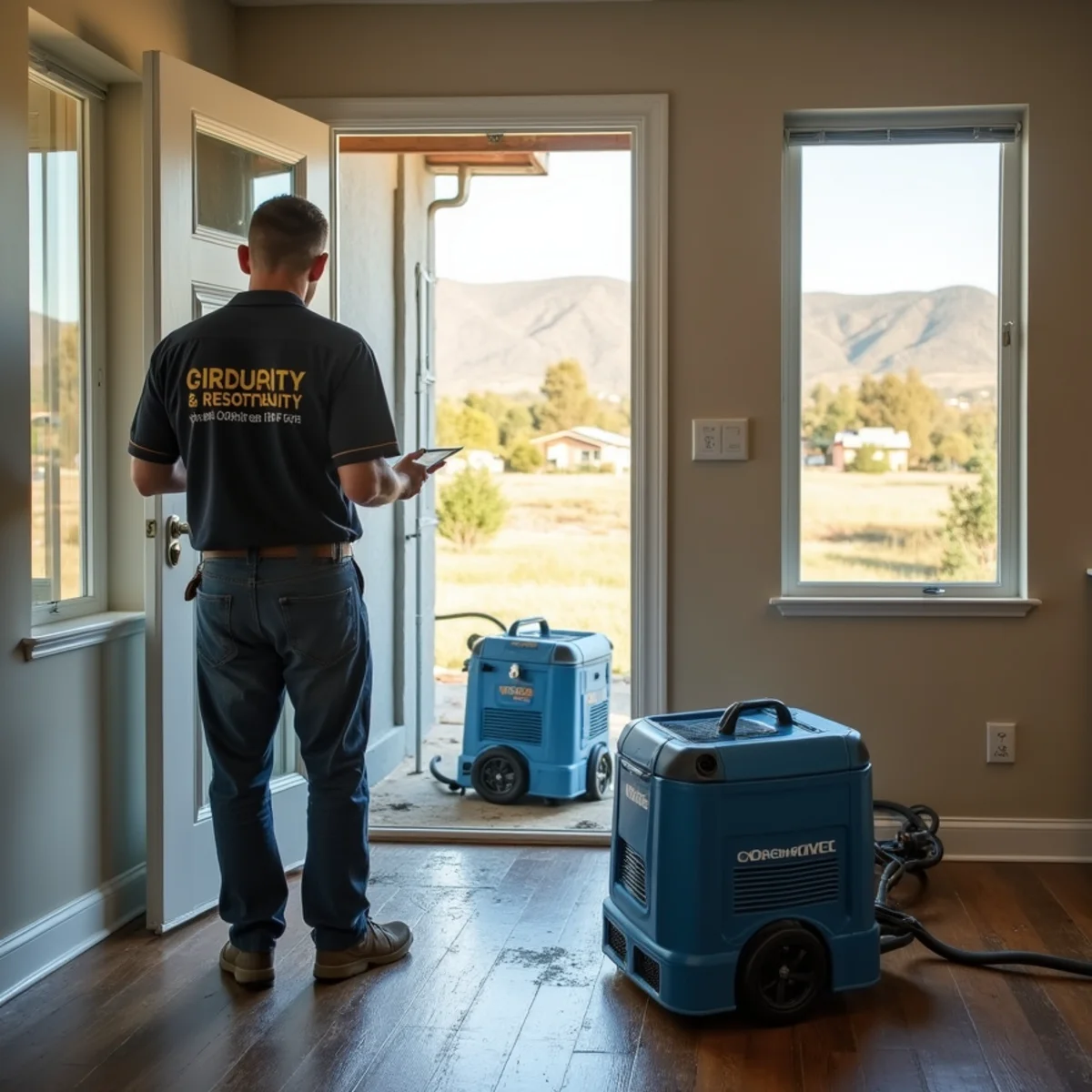Restoration crew drying water damage inside a Orcutt home, Orcutt, CA