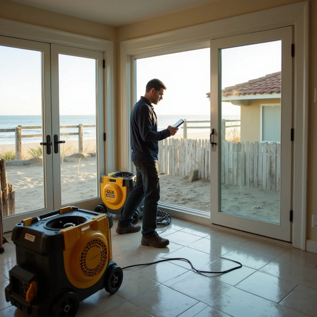 Restoration crew drying water damage inside a Pismo Beach home, Pismo Beach, CA