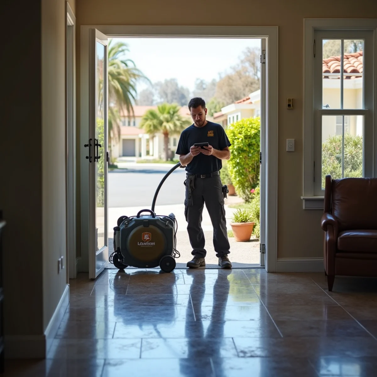 Restoration crew drying water damage inside a Santa Barbara County home, Santa Barbara County, CA