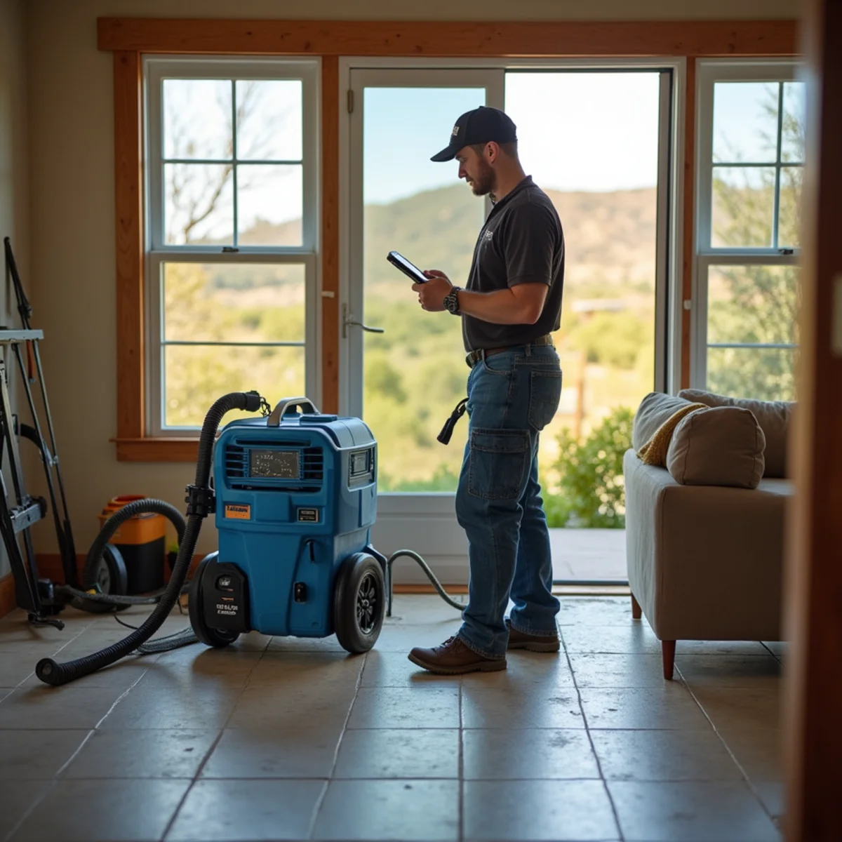 Restoration crew drying water damage inside a Santa Ynez home, Santa Ynez, CA