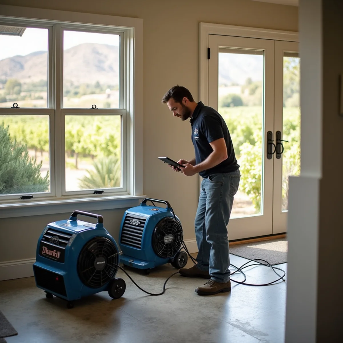 Restoration crew drying water damage inside a Solvang home, Solvang, CA
