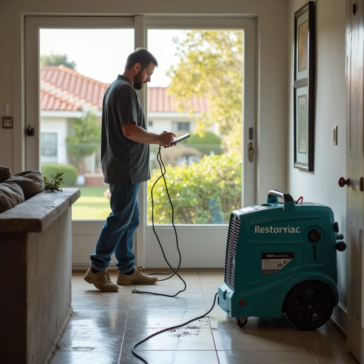 Restoration crew drying water damage inside a Vandenberg Village home, Vandenberg Village, CA
