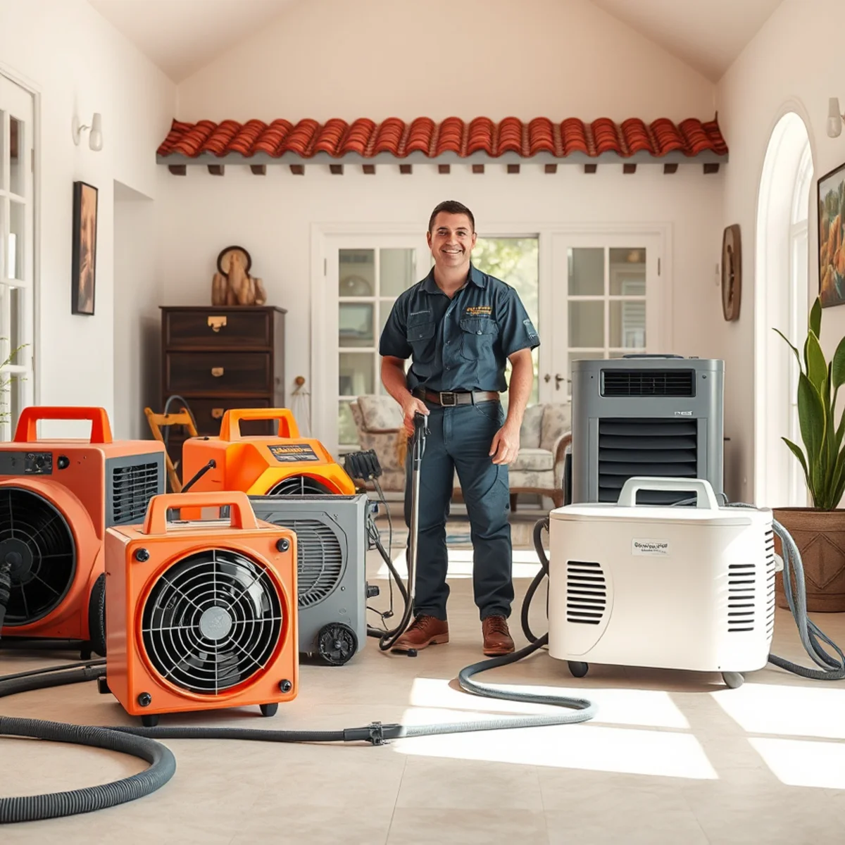 Water damage restoration crew and drying equipment in a Santa Barbara home