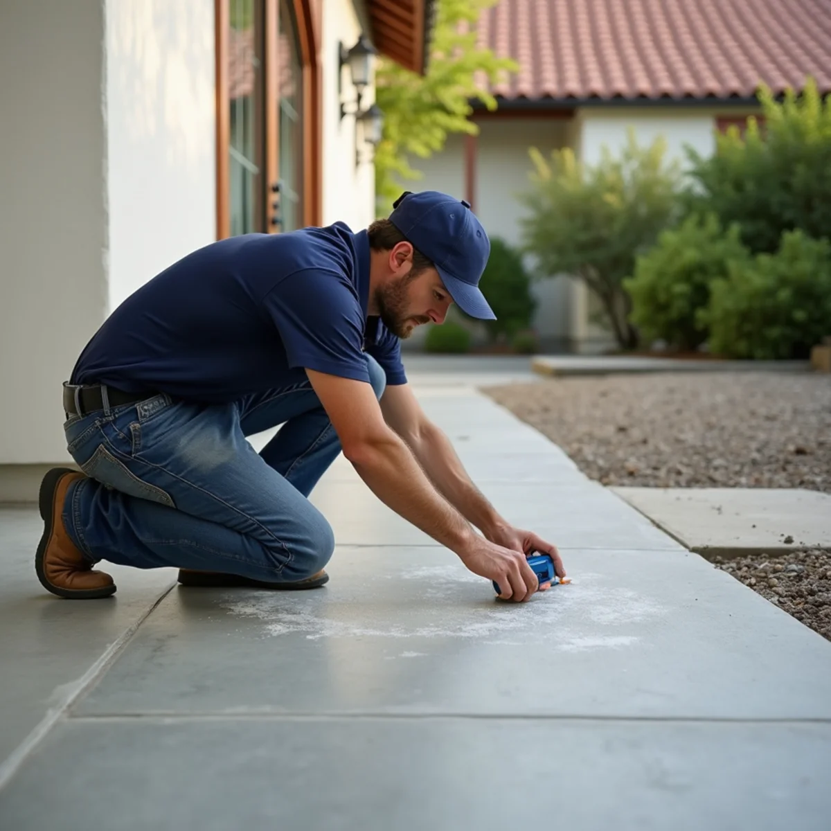 Technician marking a slab leak location on a Santa Barbara foundation