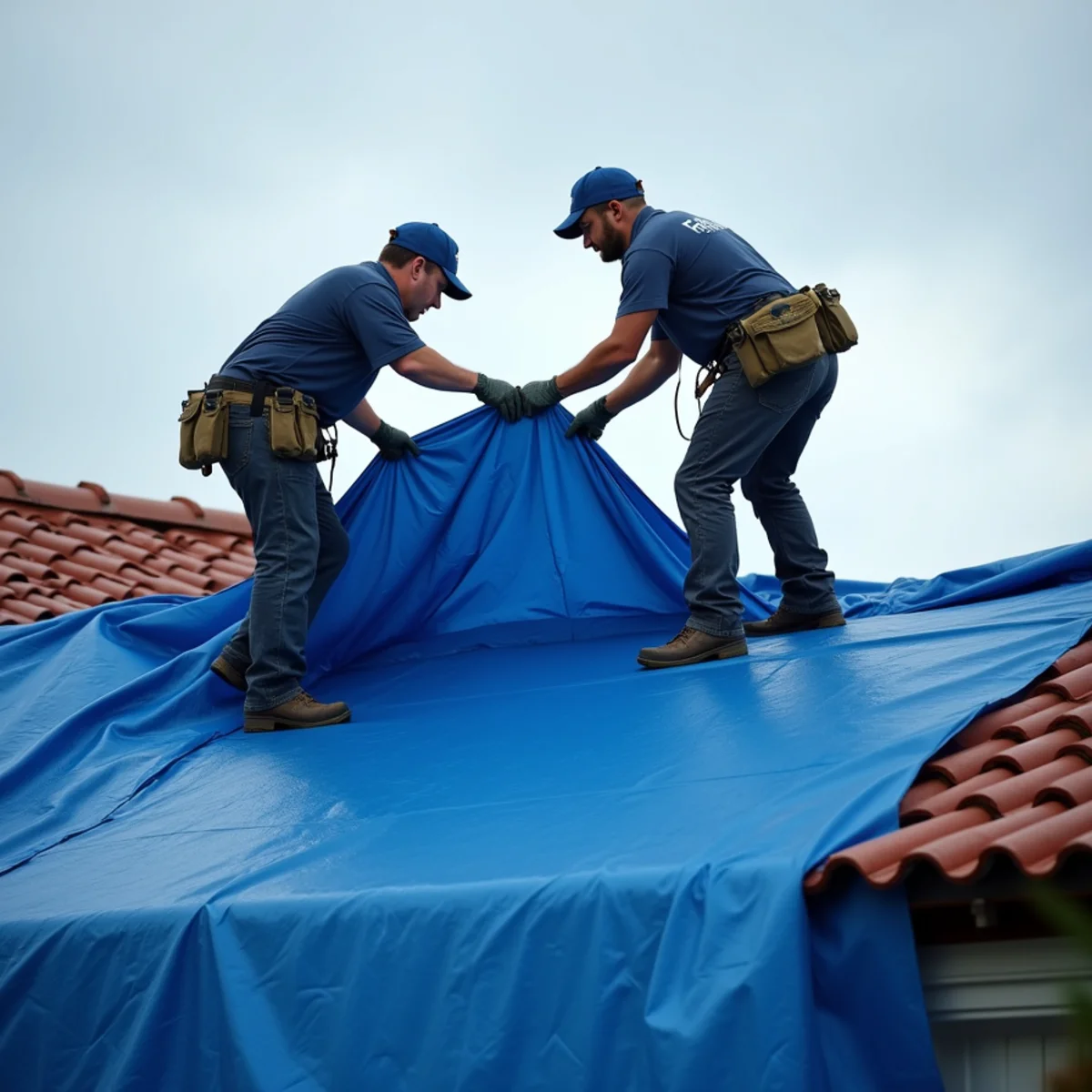 Crew securing a roof tarp on a storm-damaged Santa Barbara home