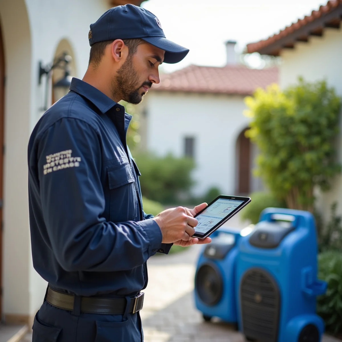 Technician logging daily moisture readings beside drying equipment in a Santa Barbara home