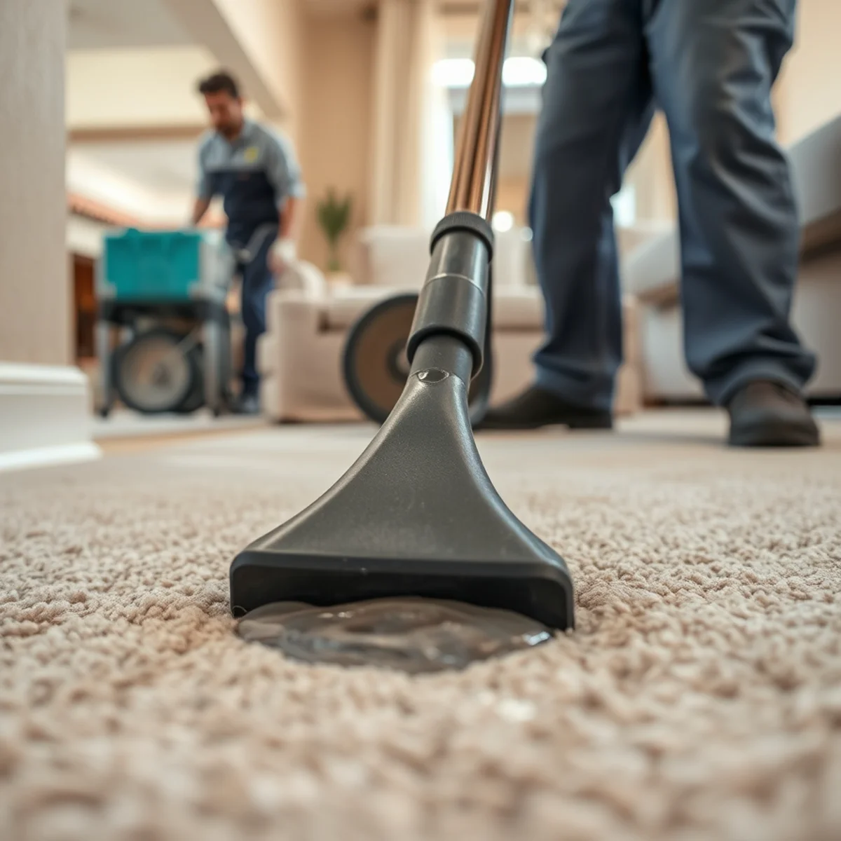 Technician running a truck-mounted extraction wand across a wet Santa Barbara floor