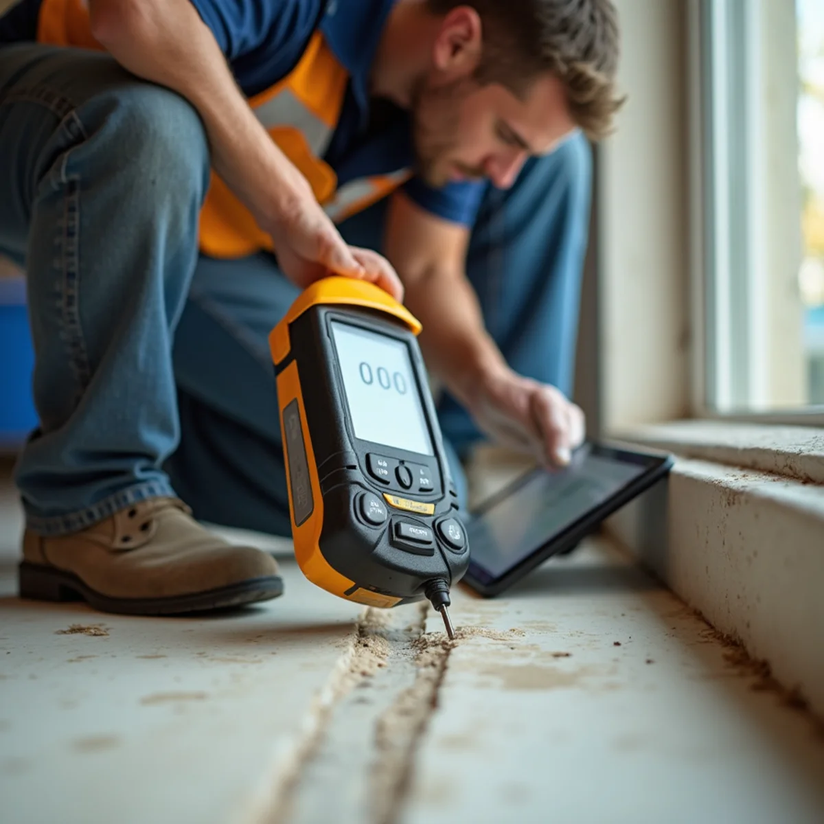 Technician reading a moisture meter on a just-extracted Santa Barbara floor