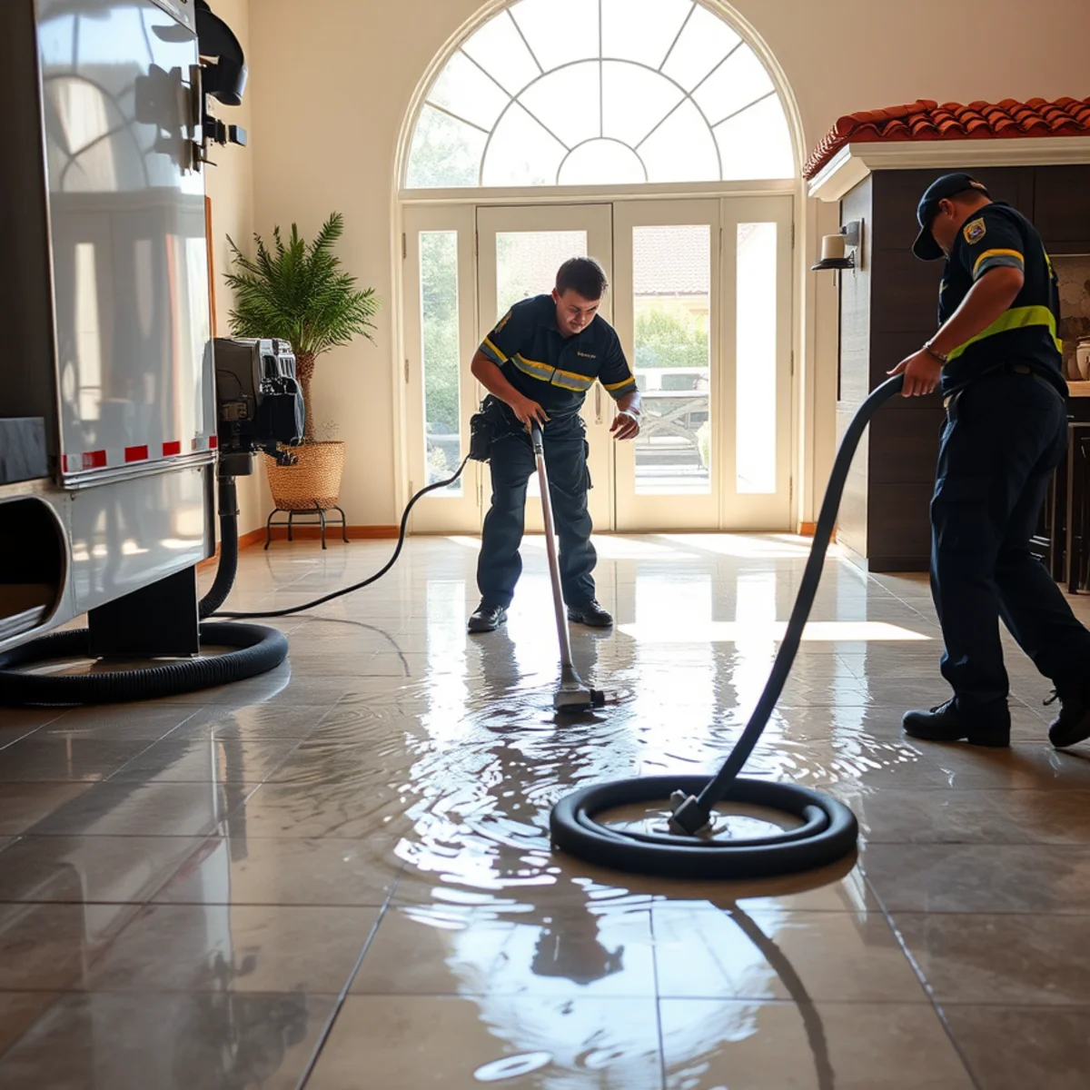 Water extraction crew removing standing water from a Santa Barbara home with a truck-mounted unit