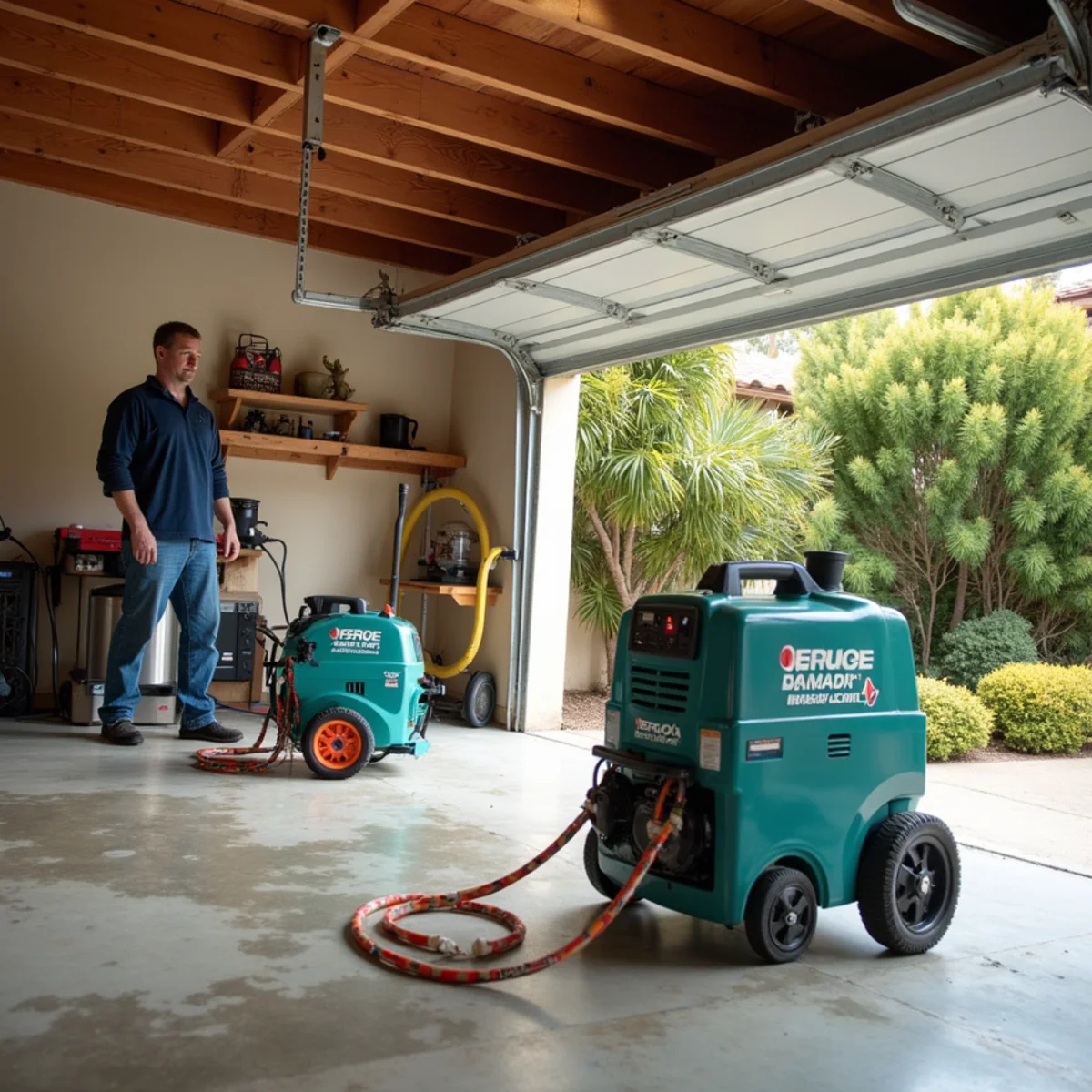 Air movers drying a Santa Barbara garage after a water heater failure